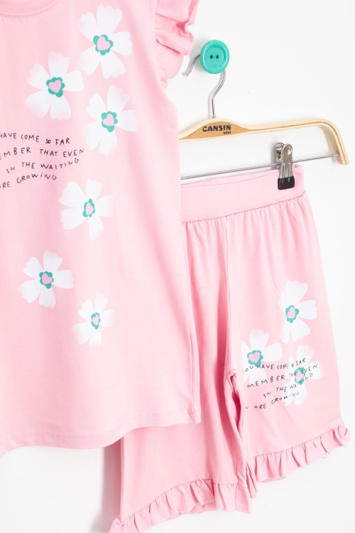 Somon Çiçek Desenli Fırfır Detaylı Kız Çocuk Şortlu Takım 20596