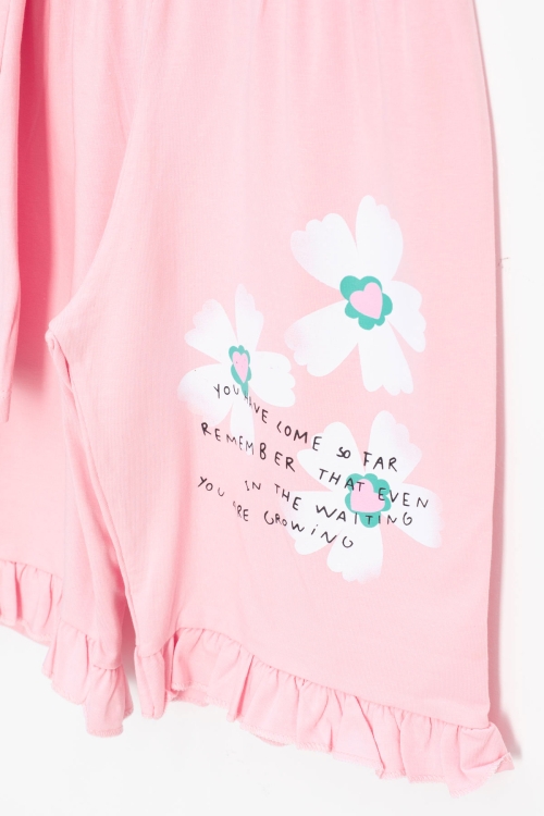 Somon Çiçek Desenli Fırfır Detaylı Kız Çocuk Şortlu Takım 20596