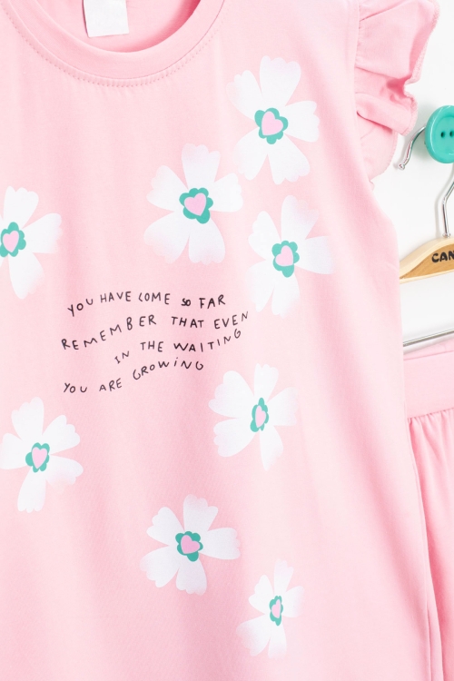 Somon Çiçek Desenli Fırfır Detaylı Kız Çocuk Şortlu Takım 20596