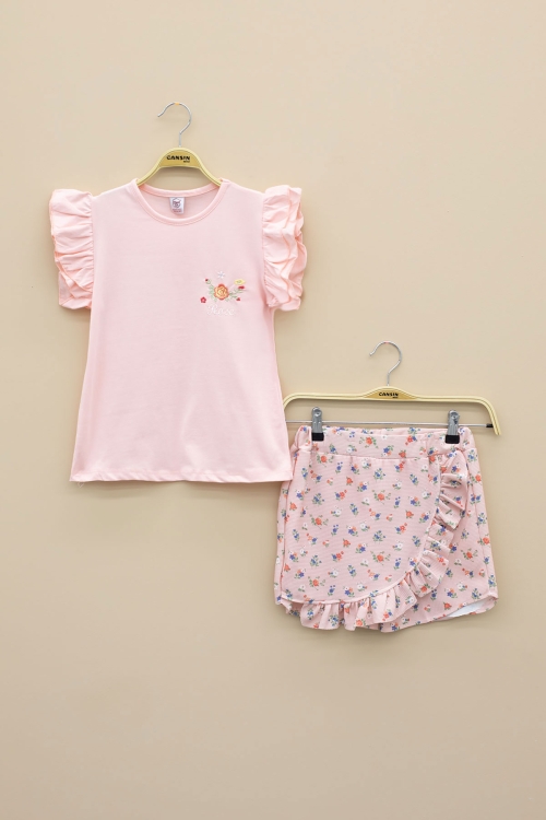 Somon Kolları Fırfırlı Çiçek Desenli Şort Etekli 2li Takım 20715