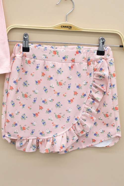 Somon Kolları Fırfırlı Çiçek Desenli Şort Etekli 2li Takım 20715