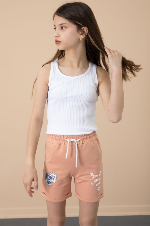 Somon Patili Cute Baskılı Kız Çocuk Beli Lastikli Şort 20731