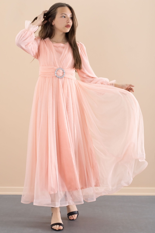 Somon Toka Detaylı Astarlı Kız Çocuk Uzun Kollu Tüllü Elbise 21096