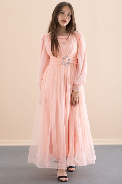 Somon Toka Detaylı Astarlı Kız Çocuk Uzun Kollu Tüllü Elbise 21096