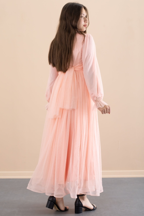 Somon Toka Detaylı Astarlı Kız Çocuk Uzun Kollu Tüllü Elbise 21096