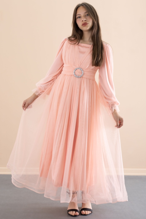 Somon Toka Detaylı Astarlı Kız Çocuk Uzun Kollu Tüllü Elbise 21096