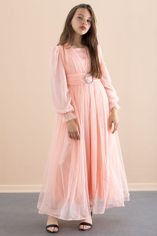 Somon Toka Detaylı Astarlı Kız Çocuk Uzun Kollu Tüllü Elbise 21096