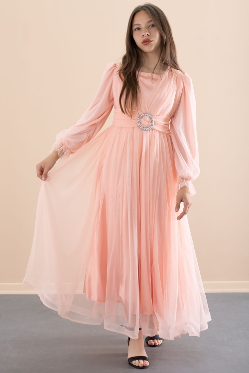 Somon Toka Detaylı Astarlı Kız Çocuk Uzun Kollu Tüllü Elbise 21096