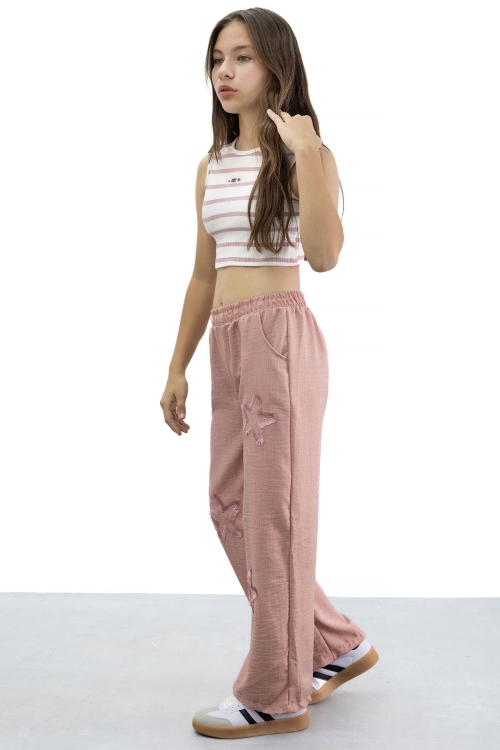 Somon Yıldız Nakışlı Geniş Paça Rahat Kumaş Kız Çocuk Pantolon 21185