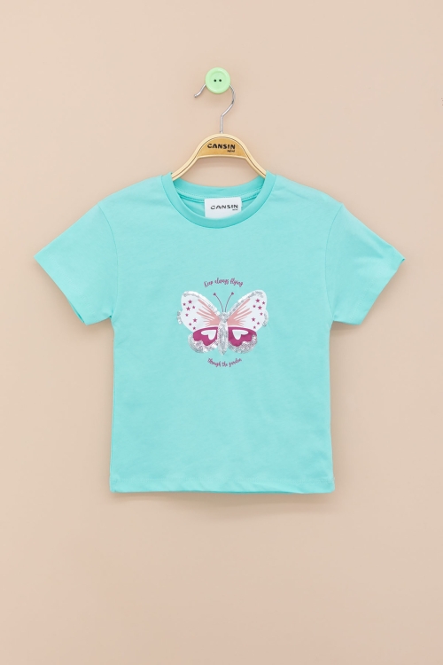 Su Yeşili Kelebek Baskılı Payetli Kız Çocuk Tişört 20996