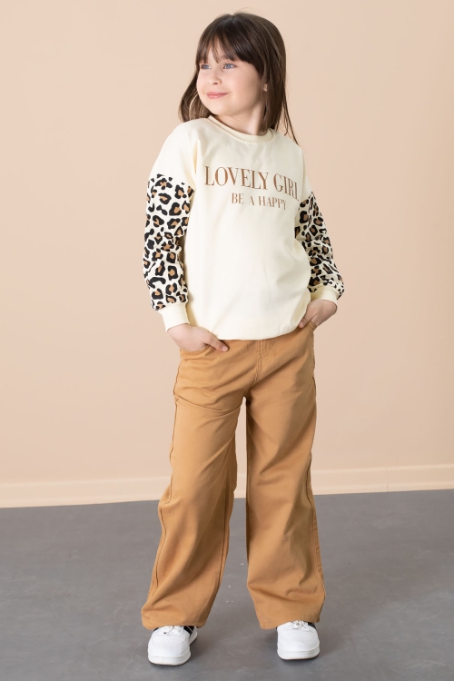 Taba Kolları Leopar Desenli Badili Kız Çocuk Pantolonlu 2li Takım 20692