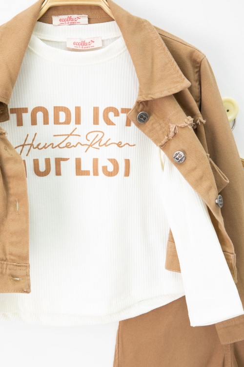 Taba Püsküllü Jean Ceketli ve Pantolonlu Kız Çocuk Badili 3lü Takım 20696