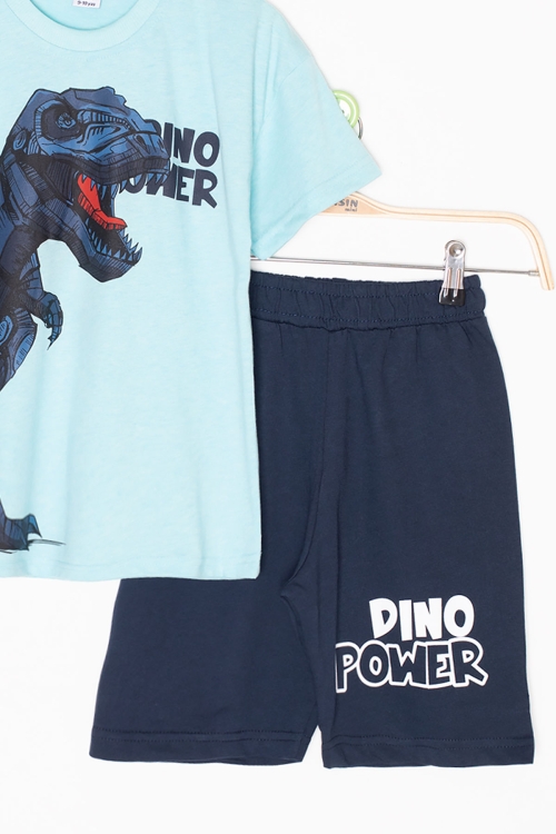 Turkuaz Dino Baskılı Yazılı Erkek Çocuk Şortlu Alt Üst Takım 20619