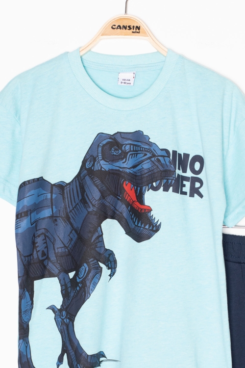 Turkuaz Dino Baskılı Yazılı Erkek Çocuk Şortlu Alt Üst Takım 20619