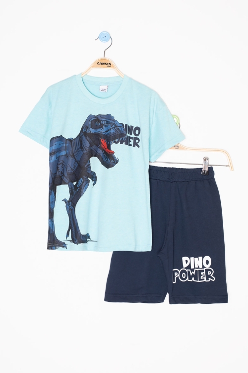 Turkuaz Dino Baskılı Yazılı Erkek Çocuk Şortlu Alt Üst Takım 20619