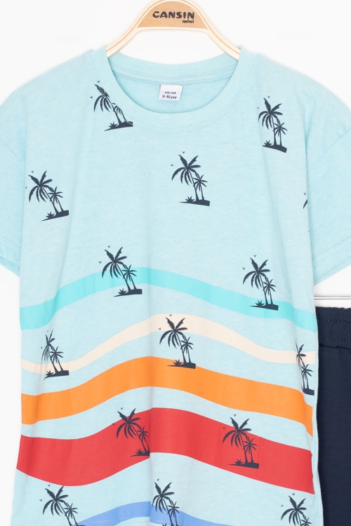 Turkuaz Palmiye Desenli Bisiklet Yaka Erkek Çocuk Şortlu Takım 20625