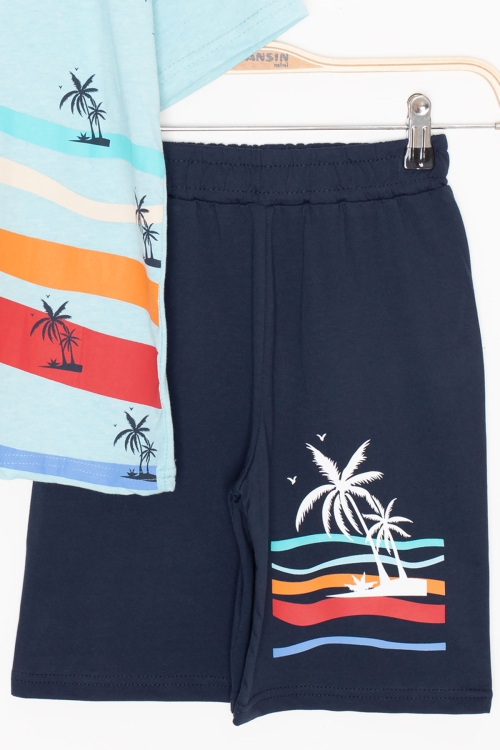 Turkuaz Palmiye Desenli Bisiklet Yaka Erkek Çocuk Şortlu Takım 20625