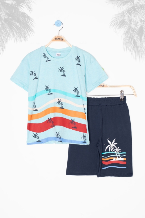 Turkuaz Palmiye Desenli Bisiklet Yaka Erkek Çocuk Şortlu Takım 20625