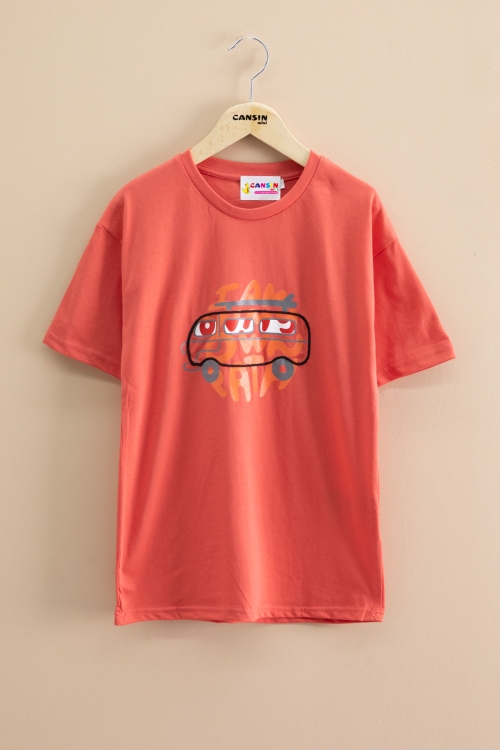 Turuncu Araba Baskılı Bisiklet Yaka Erkek Çocuk Kısa Kol Tişört 20921