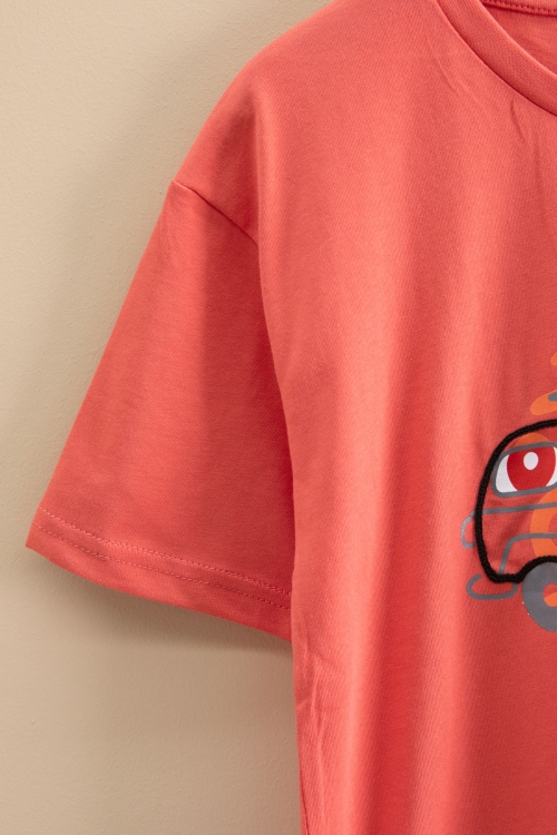 Turuncu Araba Baskılı Bisiklet Yaka Erkek Çocuk Kısa Kol Tişört 20921