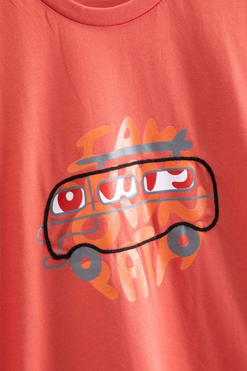Turuncu Araba Baskılı Bisiklet Yaka Erkek Çocuk Kısa Kol Tişört 20921