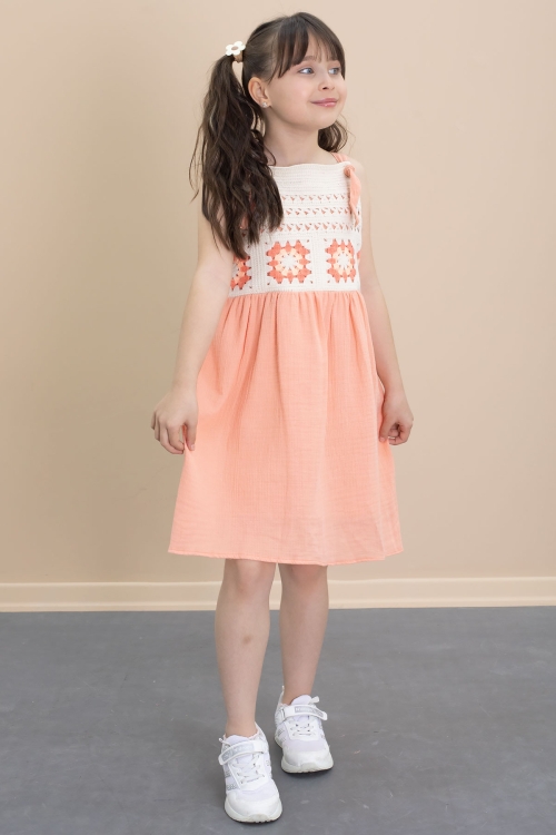 Turuncu Dantel Detaylı Askılı Kız Çocuk Müslin Elbise 21022