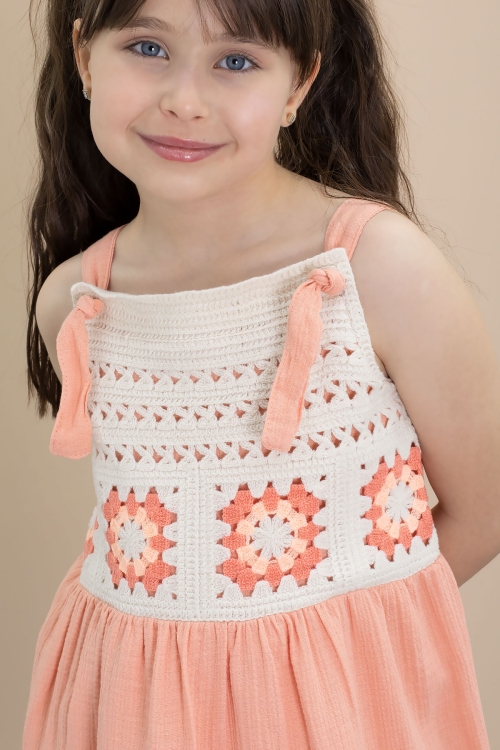 Turuncu Dantel Detaylı Askılı Kız Çocuk Müslin Elbise 21022