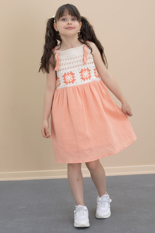 Turuncu Dantel Detaylı Askılı Kız Çocuk Müslin Elbise 21022