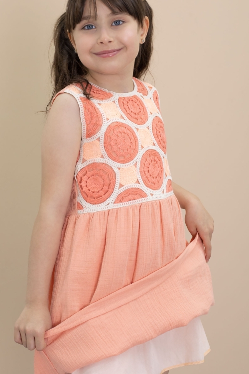 Turuncu Dantel İşlemeli Sıfır Kol Kız Çocuk Müslin Kumaş Elbise 21026