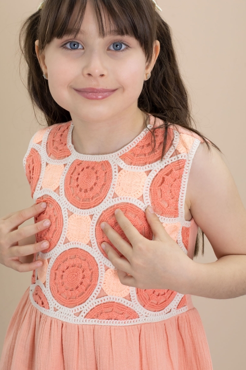 Turuncu Dantel İşlemeli Sıfır Kol Kız Çocuk Müslin Kumaş Elbise 21026