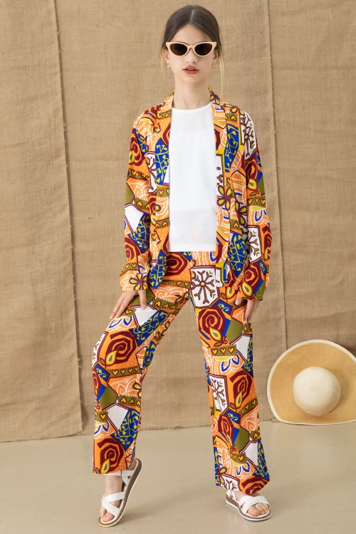 Turuncu Desenli Kimonolu Bluzlu Kız Çocuk Pantolonlu 3lü Takım 20764