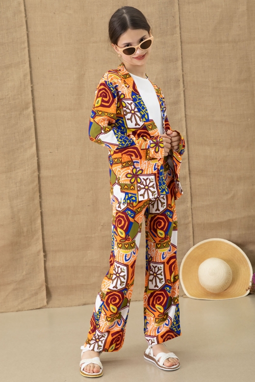 Turuncu Desenli Kimonolu Bluzlu Kız Çocuk Pantolonlu 3lü Takım 20764