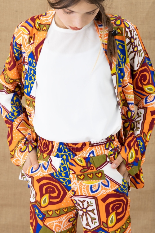 Turuncu Desenli Kimonolu Bluzlu Kız Çocuk Pantolonlu 3lü Takım 20764