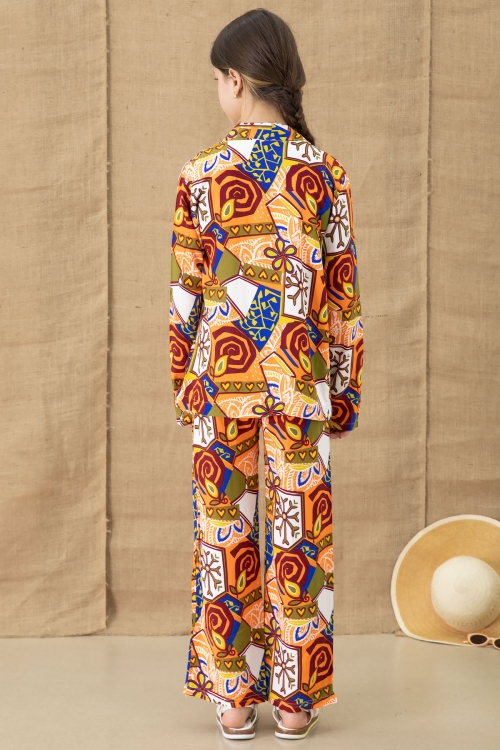 Turuncu Desenli Kimonolu Bluzlu Kız Çocuk Pantolonlu 3lü Takım 20764