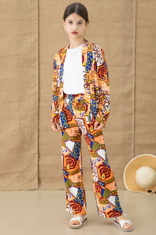 Turuncu Desenli Kimonolu Bluzlu Kız Çocuk Pantolonlu 3lü Takım 20764