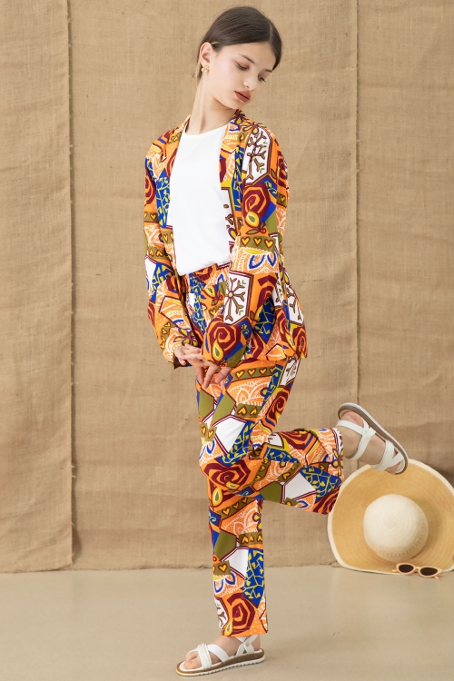 Turuncu Desenli Kimonolu Bluzlu Kız Çocuk Pantolonlu 3lü Takım 20764