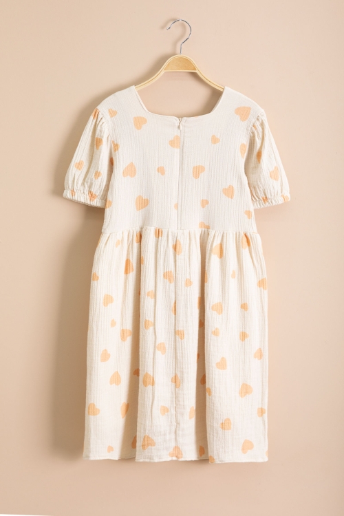 Turuncu Kalp Desenli Fiyonklu Kısa Kol Kız Çocuk Müslin Elbise 20776