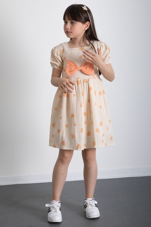 Turuncu Kalp Desenli Fiyonklu Kısa Kol Kız Çocuk Müslin Elbise 20776