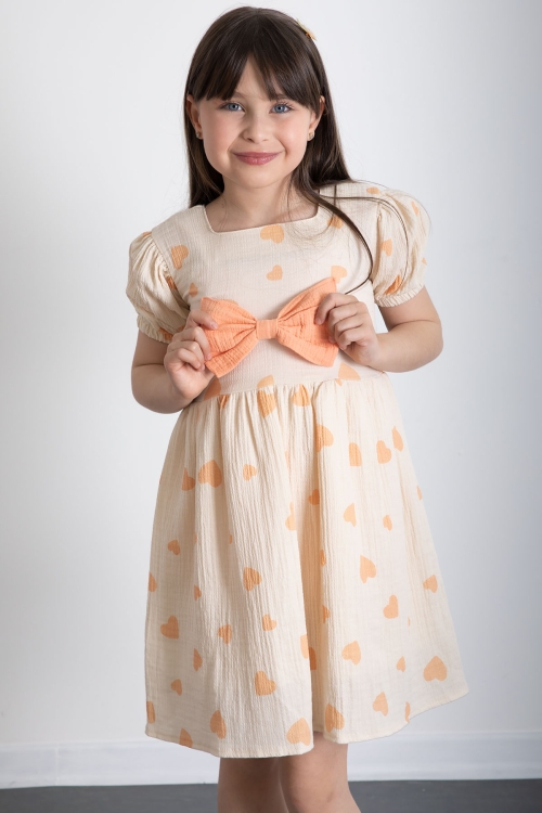 Turuncu Kalp Desenli Fiyonklu Kısa Kol Kız Çocuk Müslin Elbise 20776