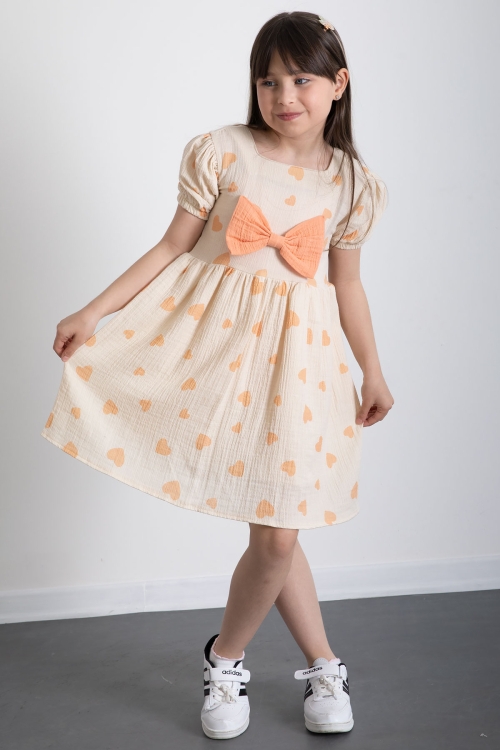 Turuncu Kalp Desenli Fiyonklu Kısa Kol Kız Çocuk Müslin Elbise 20776