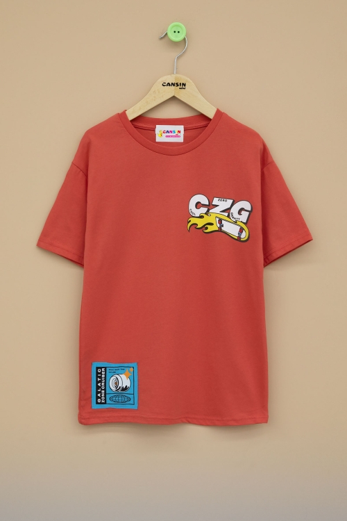 Turuncu Kaykay Baskılı Yazılı Erkek Çocuk Bisiklet Yaka Tişört 20916