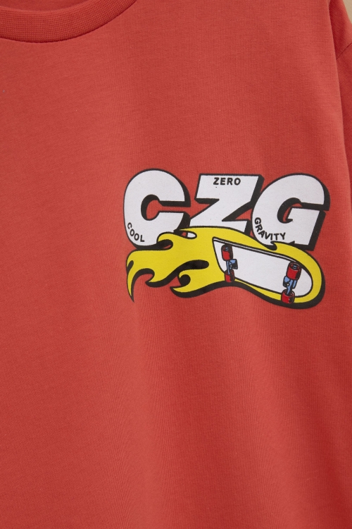 Turuncu Kaykay Baskılı Yazılı Erkek Çocuk Bisiklet Yaka Tişört 20916