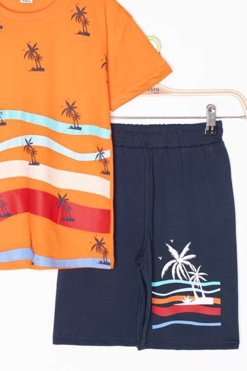 Turuncu Palmiye Desenli Bisiklet Yaka Erkek Çocuk Şortlu Takım 20624