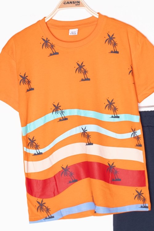 Turuncu Palmiye Desenli Bisiklet Yaka Erkek Çocuk Şortlu Takım 20624