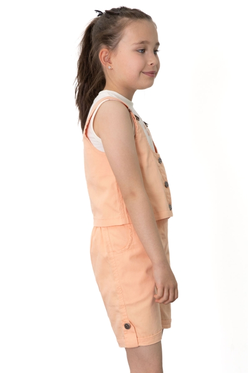 Turuncu Sıfır Kol Badili Düğmeli Yelekli Kız Çocuk 3lü Şortlu Takım 21034