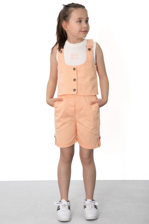 Turuncu Sıfır Kol Badili Düğmeli Yelekli Kız Çocuk 3lü Şortlu Takım 21034
