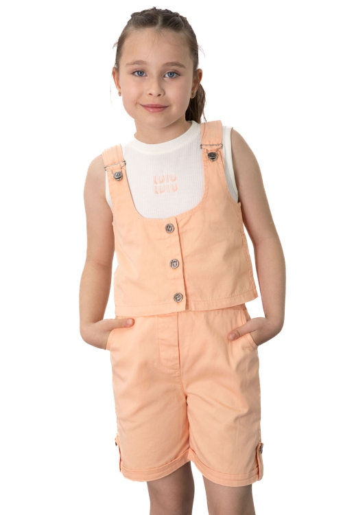 Turuncu Sıfır Kol Badili Düğmeli Yelekli Kız Çocuk 3lü Şortlu Takım 21034