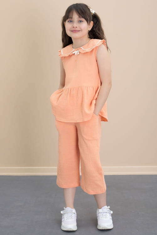 Turuncu Sıfır Kol Bebe Yaka Bluzlu Pantolonlu Kız Çocuk 2li Takım 21030
