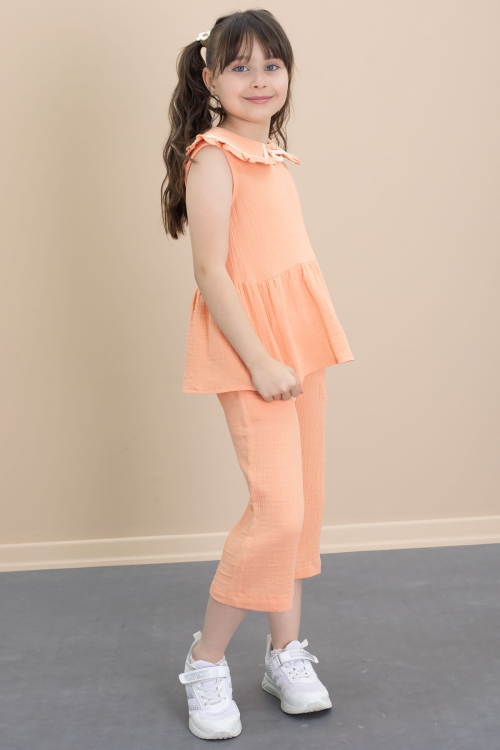 Turuncu Sıfır Kol Bebe Yaka Bluzlu Pantolonlu Kız Çocuk 2li Takım 21030