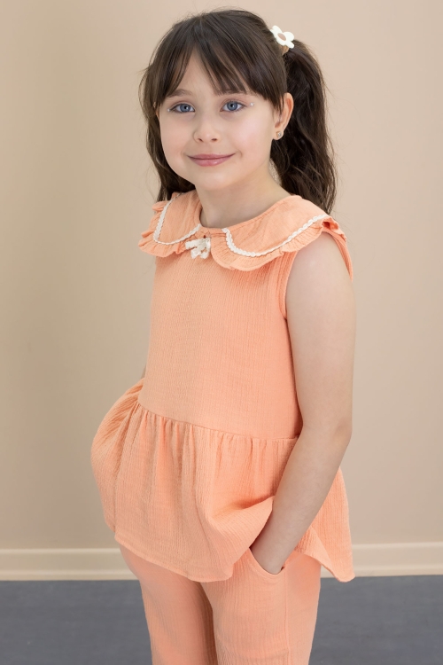 Turuncu Sıfır Kol Bebe Yaka Bluzlu Pantolonlu Kız Çocuk 2li Takım 21030